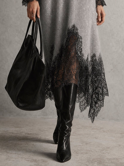 Gray Shimmer Knit Lace Hem Midi Dress